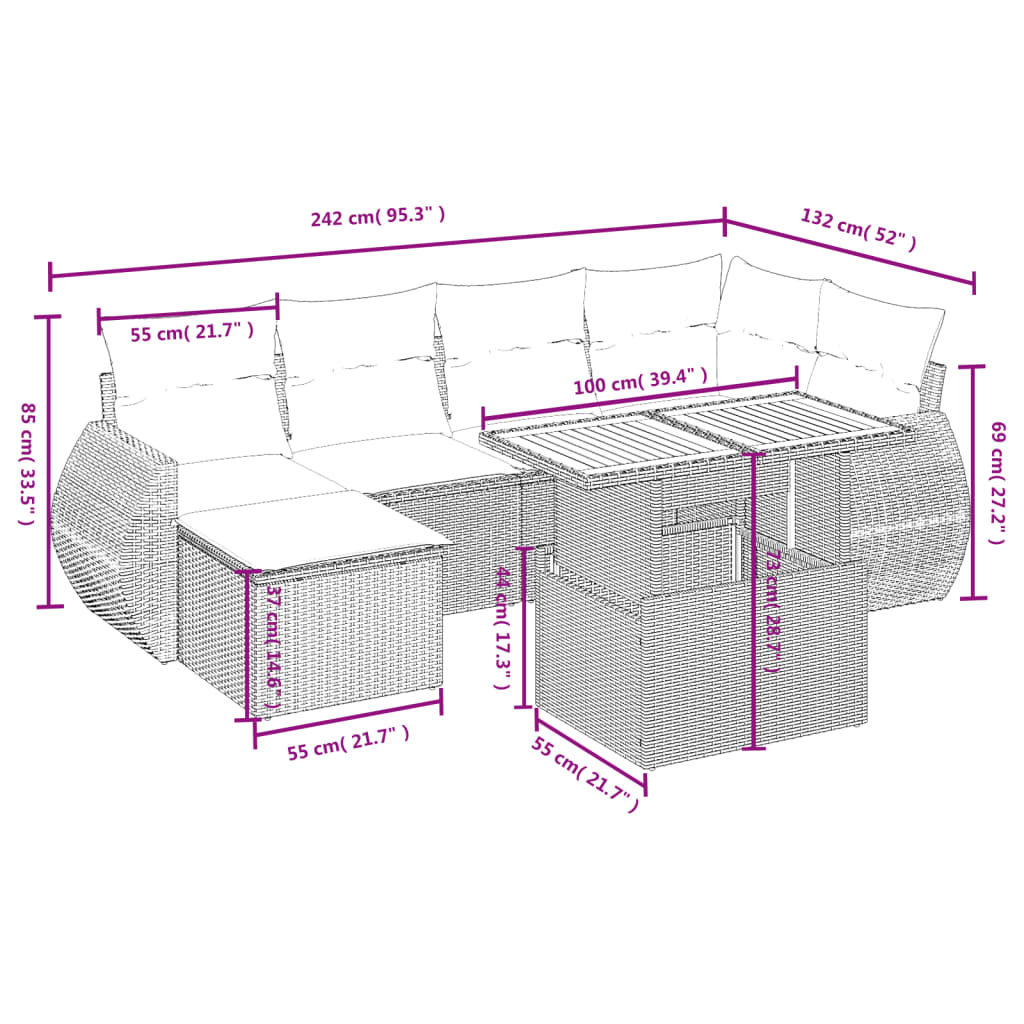 7-delige Loungeset met kussens poly rattan grijs is nu te koop bij PeponiXL, paradijselijk wonen!