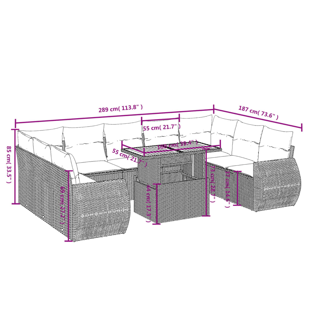 10-delige Loungeset met kussens poly rattan grijs is nu te koop bij PeponiXL, paradijselijk wonen!