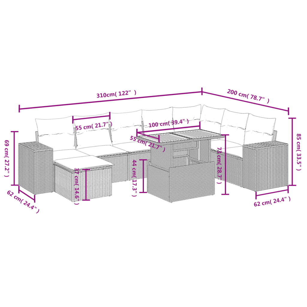 9-delige Loungeset met kussens poly rattan grijs is nu te koop bij PeponiXL, paradijselijk wonen!