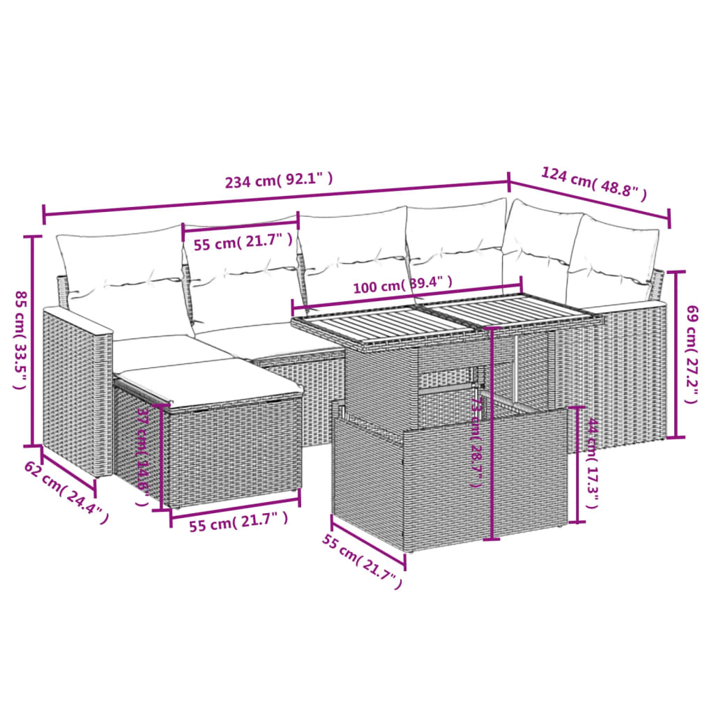 7-delige Loungeset met kussens poly rattan beige