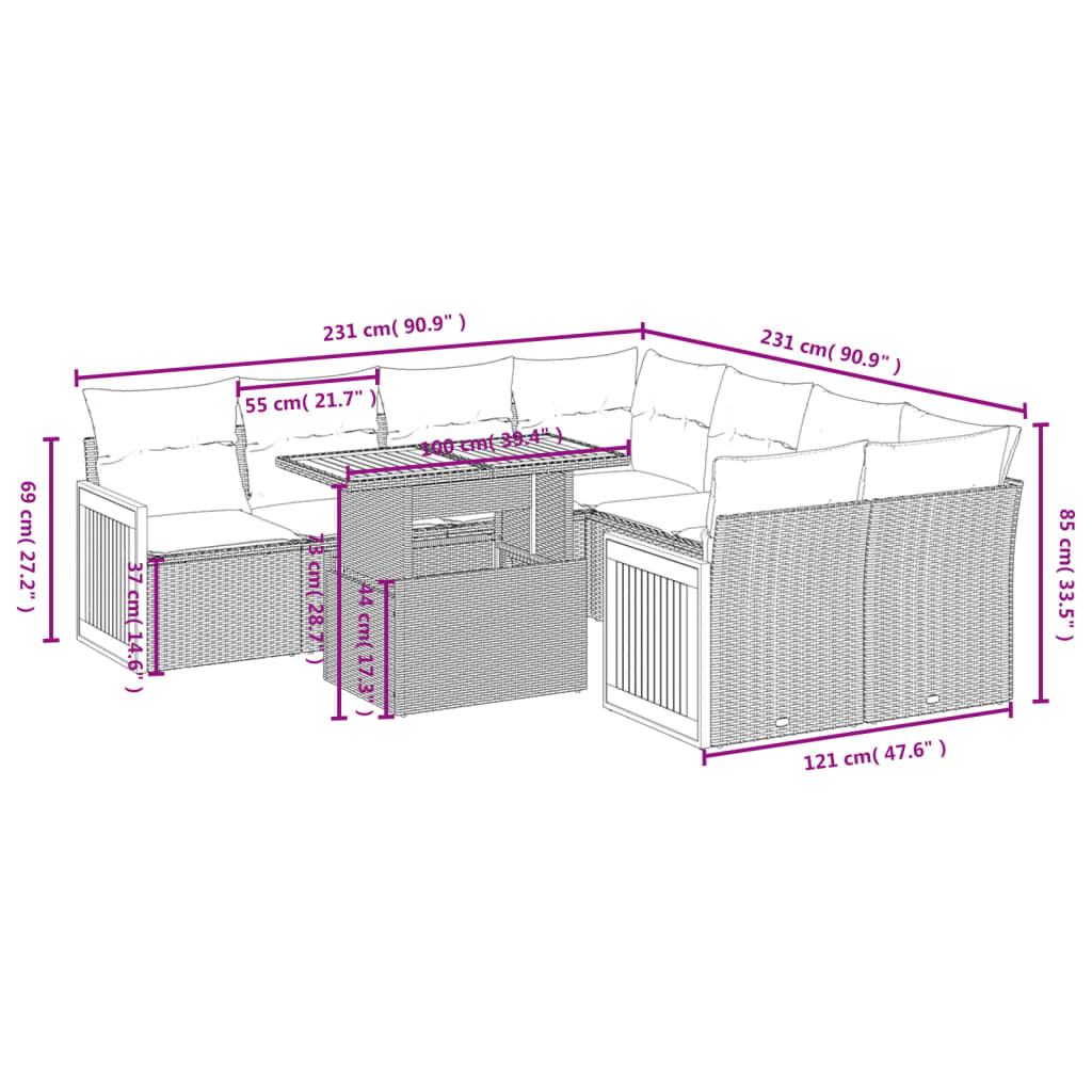 9-delige Loungeset met kussens poly rattan grijs is nu te koop bij PeponiXL, paradijselijk wonen!
