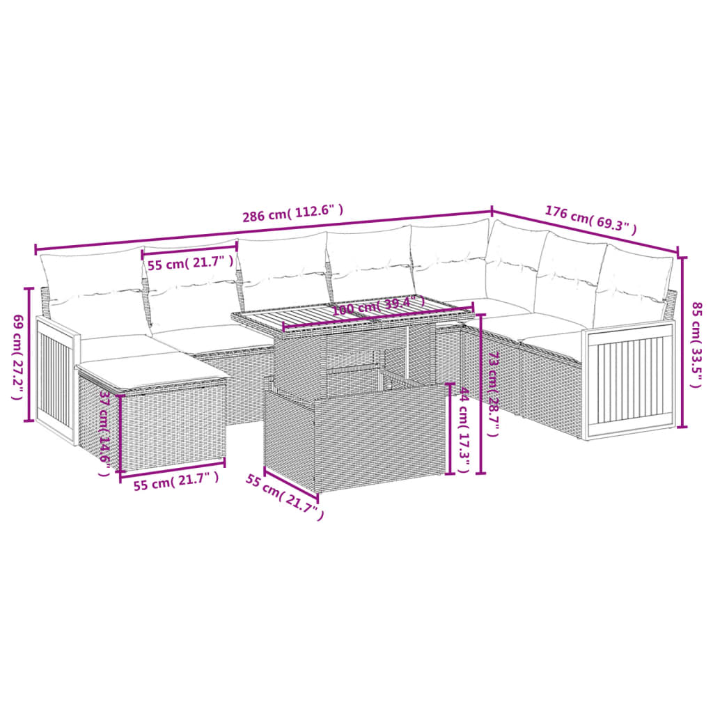9-delige Loungeset met kussens poly rattan grijs is nu te koop bij PeponiXL, paradijselijk wonen!