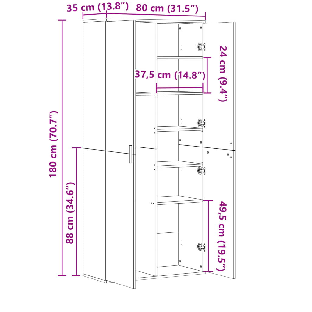 Hoge kast 80x35x180 cm bewerkt hout sonoma eikenkleurig is nu te koop bij PeponiXL, paradijselijk wonen!