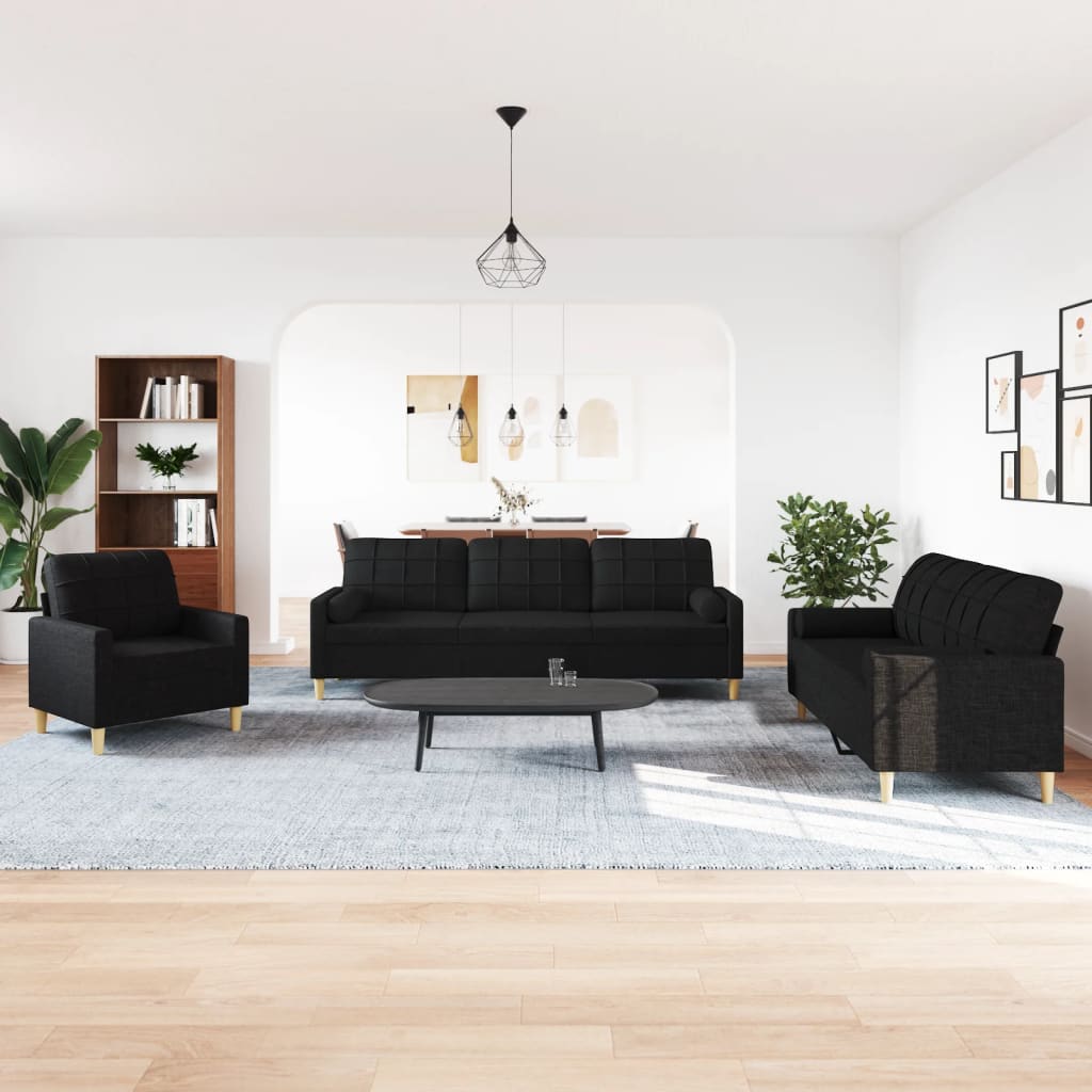 3-delige Loungeset met sierkussens stof zwart is nu te koop bij PeponiXL, paradijselijk wonen!