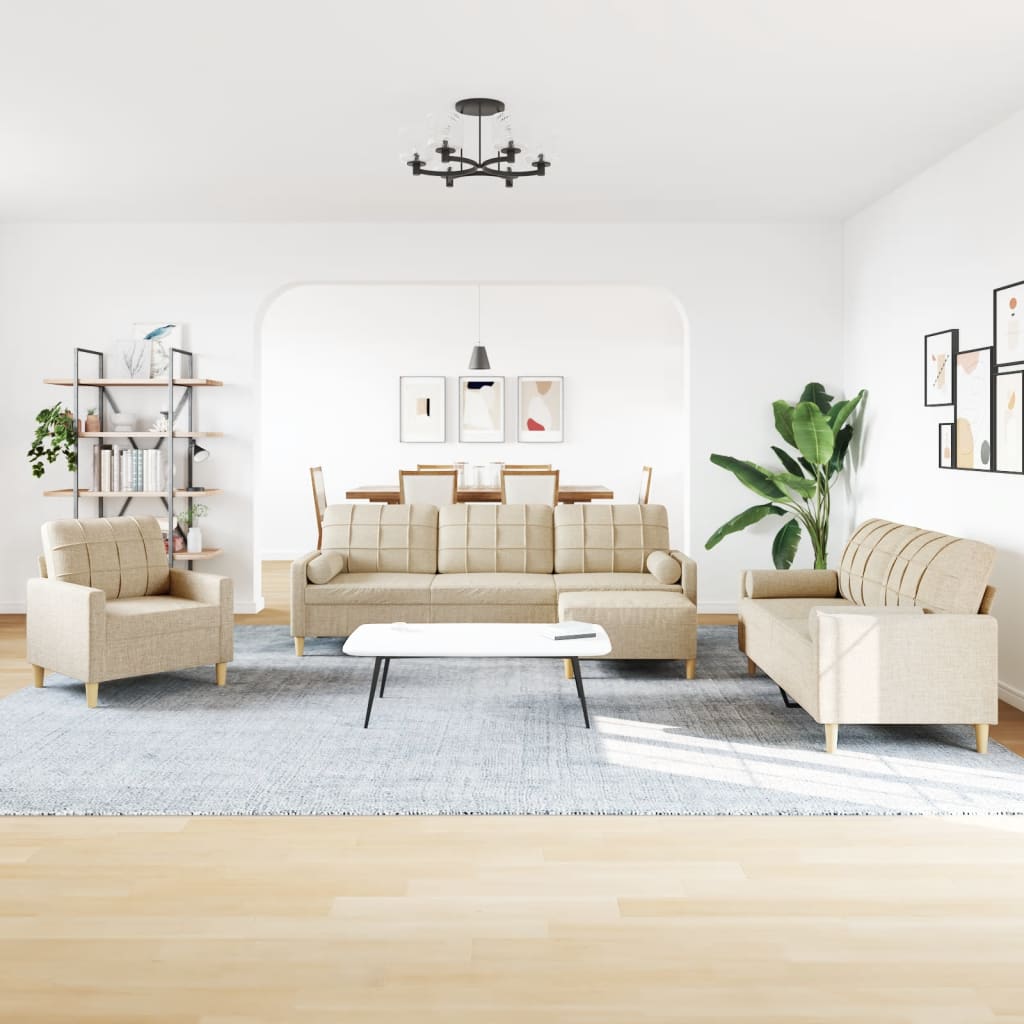 4-delige Loungeset met voetenbank en kussens stof crèmekleurig is nu te koop bij PeponiXL, paradijselijk wonen!