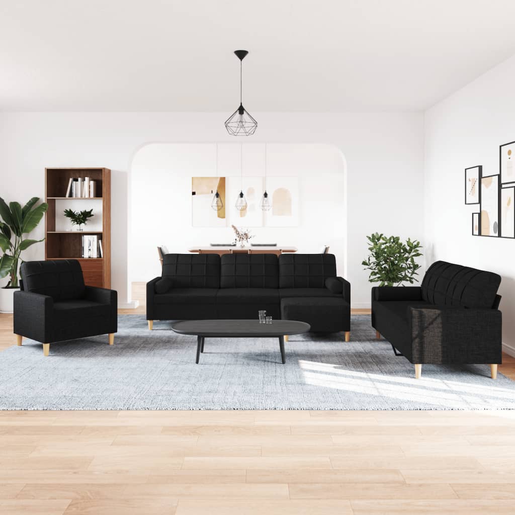 4-delige Loungeset met voetenbank en kussens stof zwart is nu te koop bij PeponiXL, paradijselijk wonen!