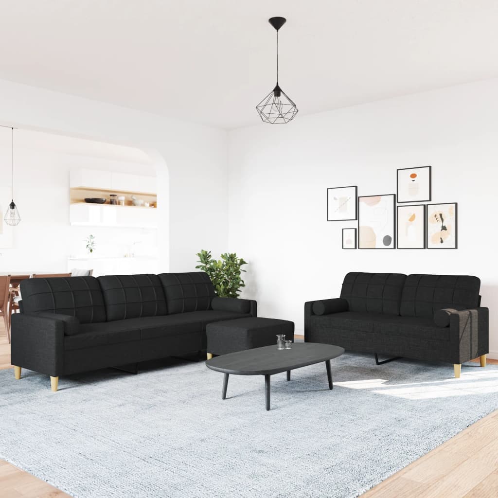 3-delige Loungeset met voetenbank en kussens stof zwart is nu te koop bij PeponiXL, paradijselijk wonen!