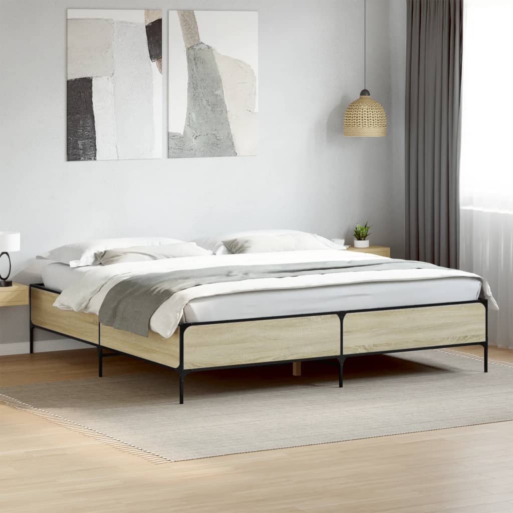 Bedframe bewerkt hout metaal sonoma eikenkleurig 200x200 cm is nu te koop bij PeponiXL, paradijselijk wonen!