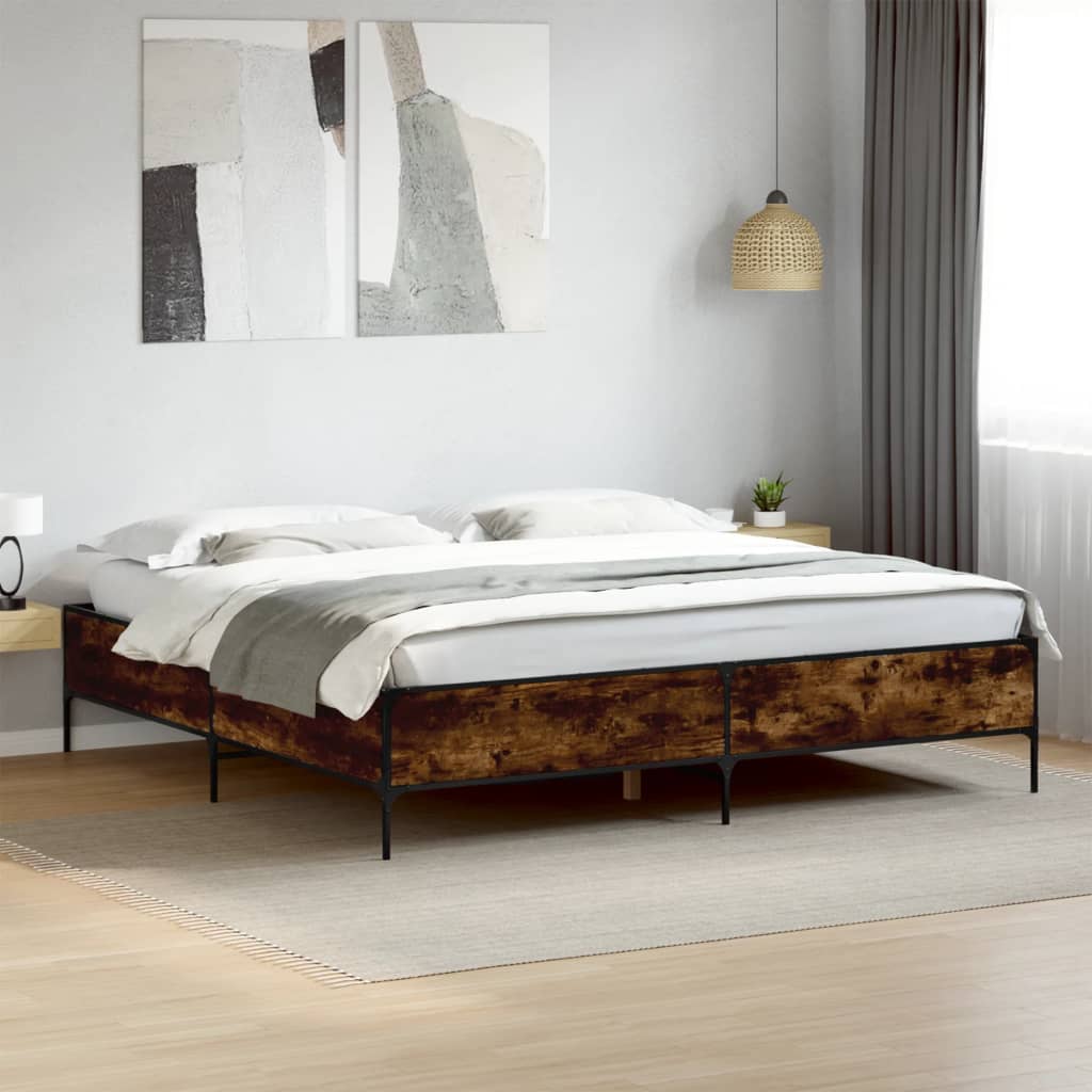 Bedframe bewerkt hout metaal gerookt eikenkleurig 200x200 cm is nu te koop bij PeponiXL, paradijselijk wonen!