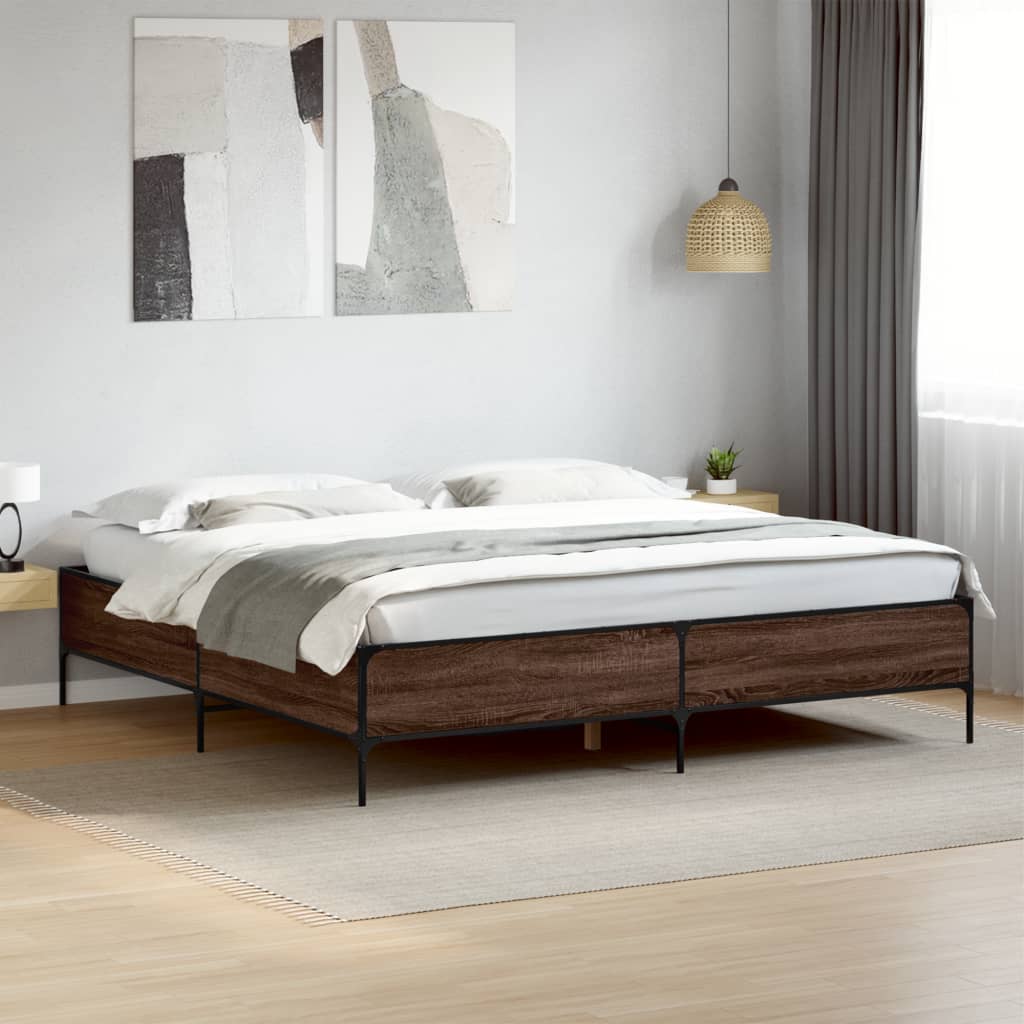 Bedframe bewerkt hout metaal bruin eikenkleur 200x200 cm is nu te koop bij PeponiXL, paradijselijk wonen!