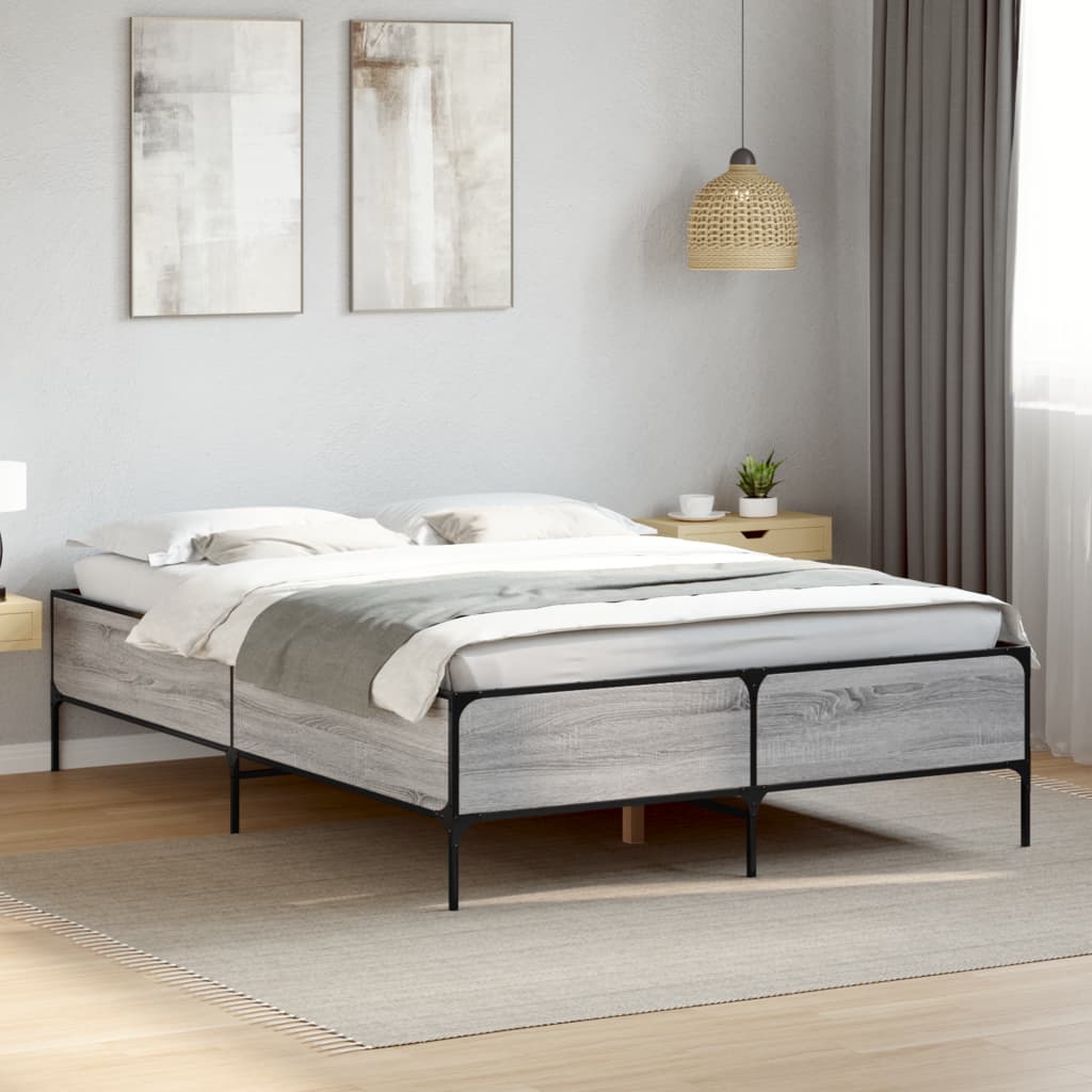 Bedframe bewerkt hout metaal grijs sonoma eiken 150x200 cm is nu te koop bij PeponiXL, paradijselijk wonen!