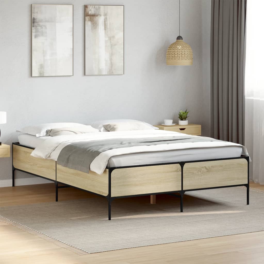 Bedframe bewerkt hout metaal sonoma eikenkleurig 140x200 cm is nu te koop bij PeponiXL, paradijselijk wonen!