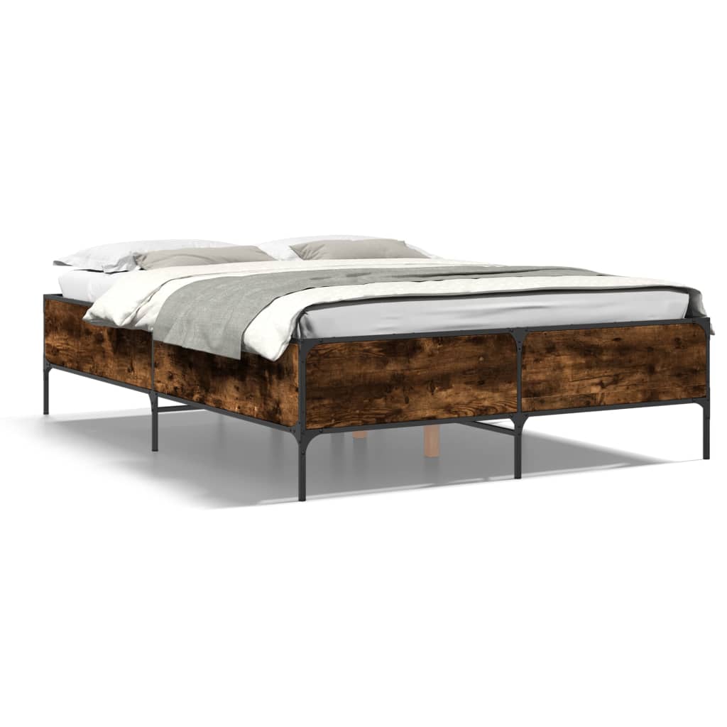 Bedframe bewerkt hout metaal gerookt eikenkleurig 135x190 cm is nu te koop bij PeponiXL, paradijselijk wonen!