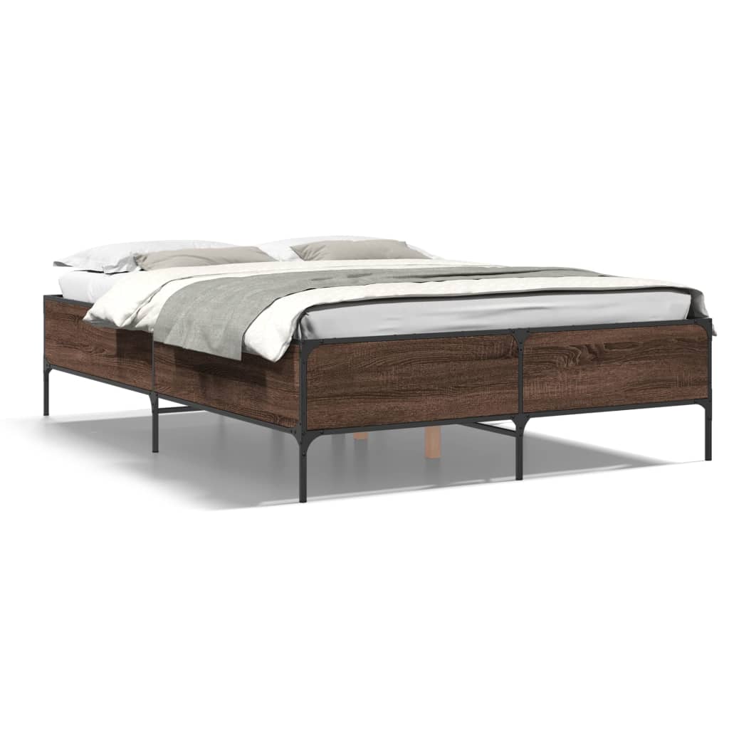 Bedframe bewerkt hout metaal bruin eikenkleur 135x190 cm is nu te koop bij PeponiXL, paradijselijk wonen!