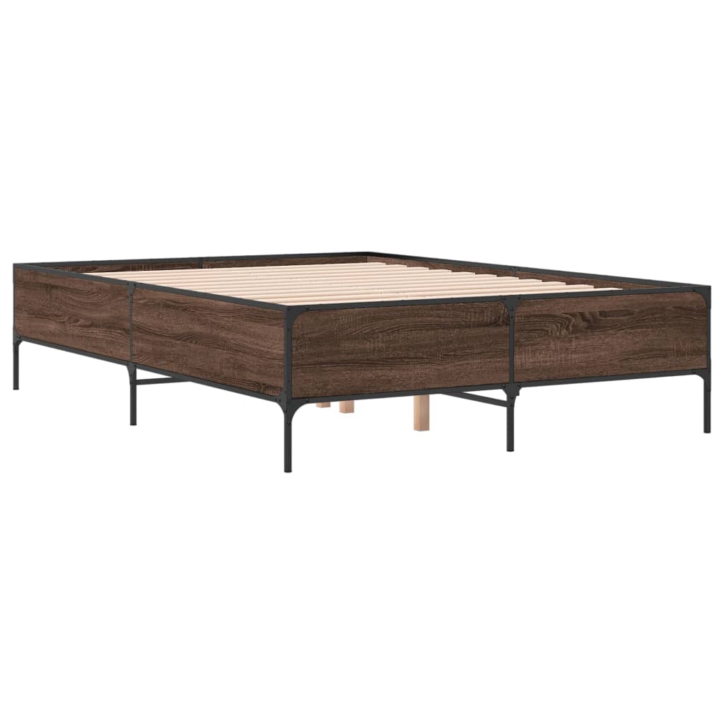 Bedframe bewerkt hout metaal bruin eikenkleur 135x190 cm is nu te koop bij PeponiXL, paradijselijk wonen!
