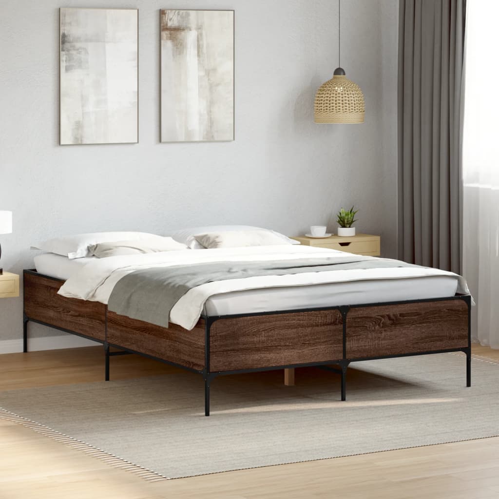 Bedframe bewerkt hout metaal bruin eikenkleur 135x190 cm is nu te koop bij PeponiXL, paradijselijk wonen!