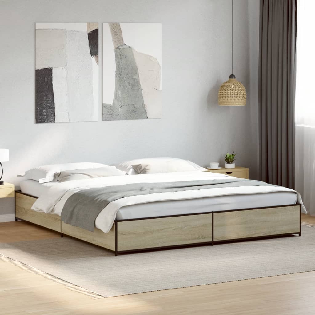 Bedframe bewerkt hout metaal sonoma eikenkleurig 200x200 cm is nu te koop bij PeponiXL, paradijselijk wonen!