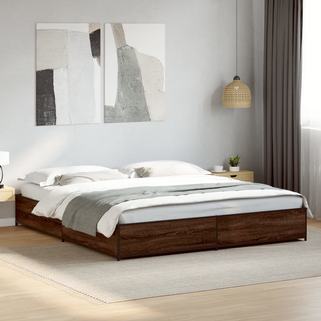 Bedframe bewerkt hout metaal bruin eikenkleur 200x200 cm is nu te koop bij PeponiXL, paradijselijk wonen!