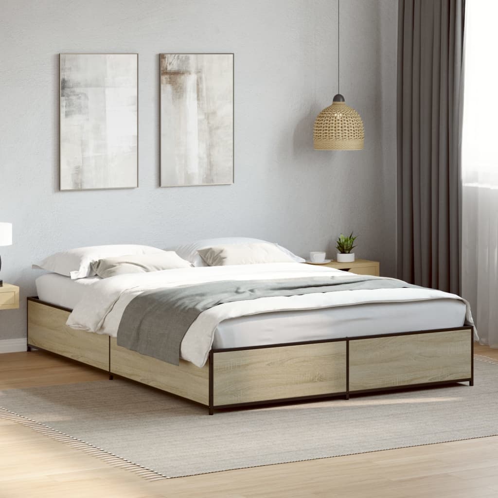 Bedframe bewerkt hout metaal sonoma eikenkleurig 150x200 cm is nu te koop bij PeponiXL, paradijselijk wonen!
