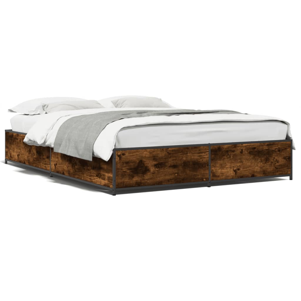 Bedframe bewerkt hout metaal gerookt eikenkleurig 135x190 cm is nu te koop bij PeponiXL, paradijselijk wonen!