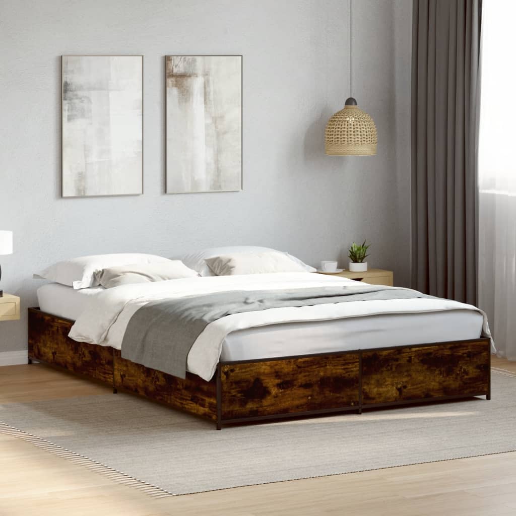 Bedframe bewerkt hout metaal gerookt eikenkleurig 135x190 cm is nu te koop bij PeponiXL, paradijselijk wonen!
