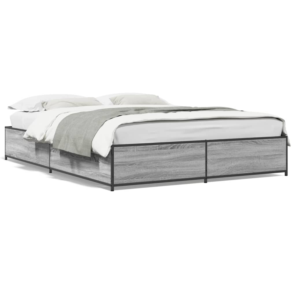 Bedframe bewerkt hout metaal grijs sonoma eiken 135x190 cm is nu te koop bij PeponiXL, paradijselijk wonen!