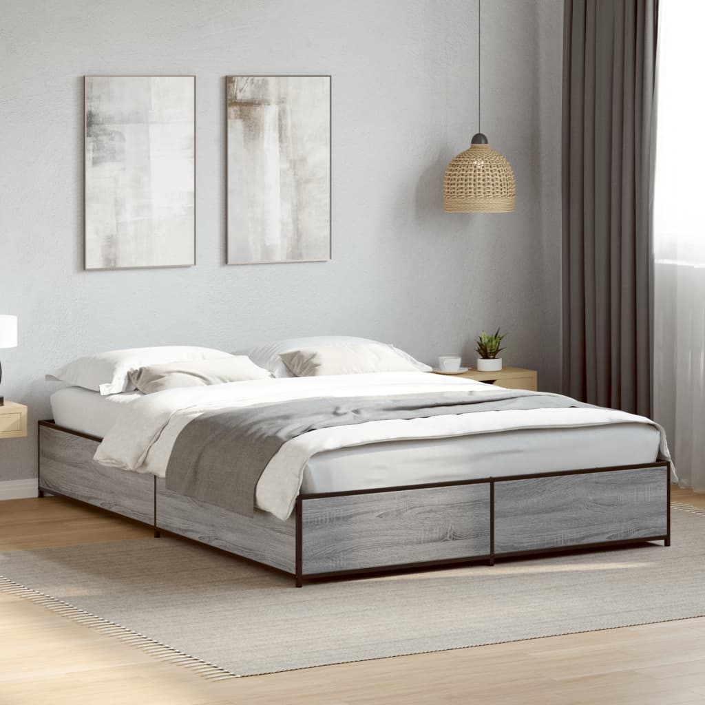 Bedframe bewerkt hout metaal grijs sonoma eiken 135x190 cm is nu te koop bij PeponiXL, paradijselijk wonen!