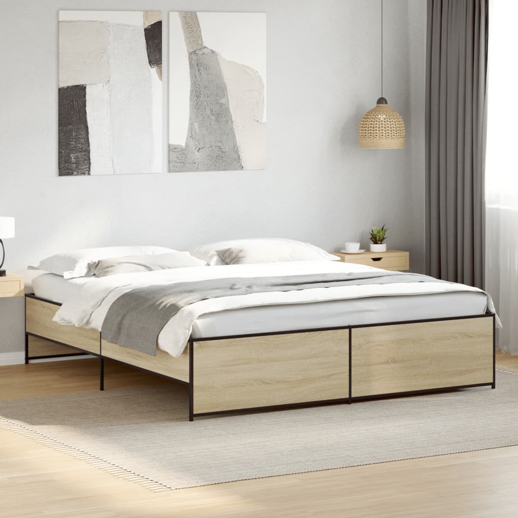 Bedframe bewerkt hout metaal sonoma eikenkleurig 200x200 cm is nu te koop bij PeponiXL, paradijselijk wonen!