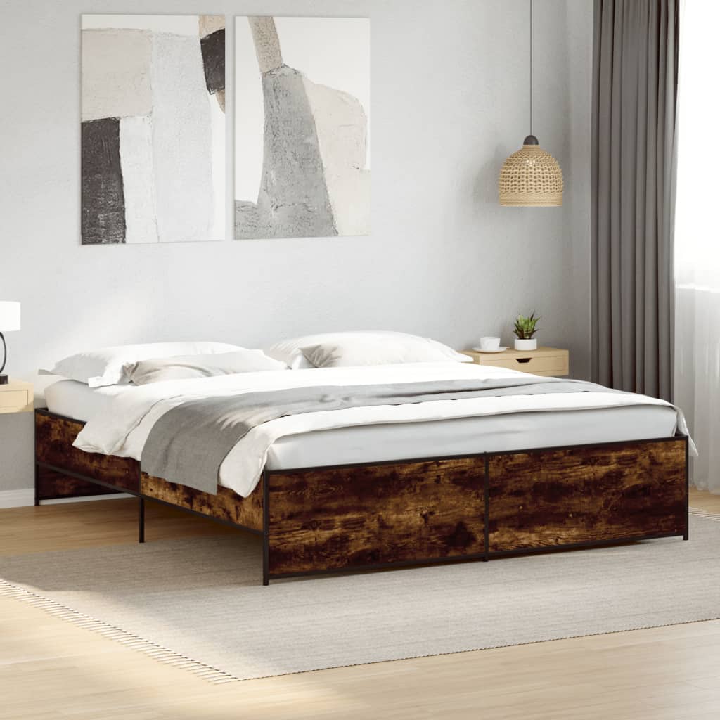 Bedframe bewerkt hout metaal gerookt eikenkleurig 200x200 cm is nu te koop bij PeponiXL, paradijselijk wonen!