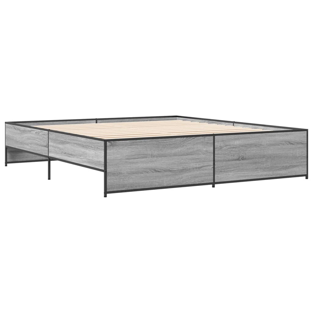 Bedframe bewerkt hout metaal grijs sonoma eiken 200x200 cm is nu te koop bij PeponiXL, paradijselijk wonen!