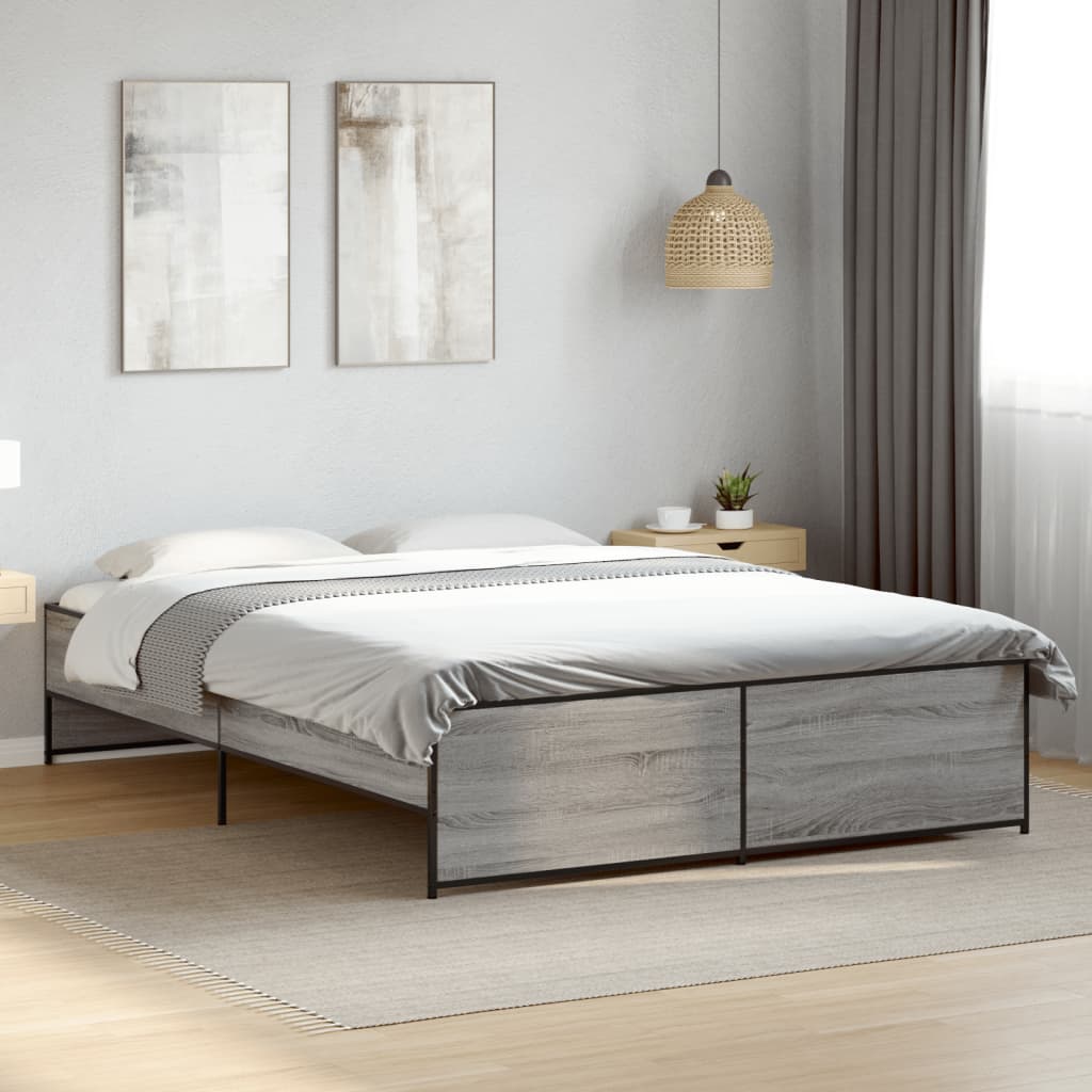 Bedframe bewerkt hout metaal grijs sonoma eiken 150x200 cm is nu te koop bij PeponiXL, paradijselijk wonen!