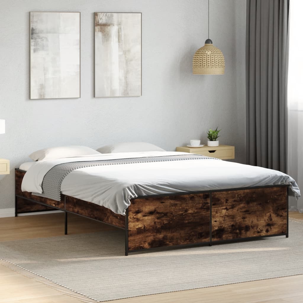 Bedframe bewerkt hout metaal gerookt eikenkleurig 135x190 cm is nu te koop bij PeponiXL, paradijselijk wonen!