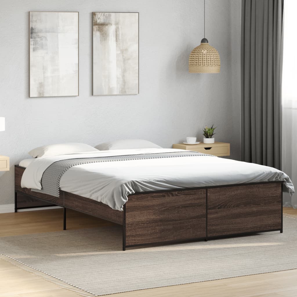 Bedframe bewerkt hout metaal bruin eikenkleur 135x190 cm is nu te koop bij PeponiXL, paradijselijk wonen!