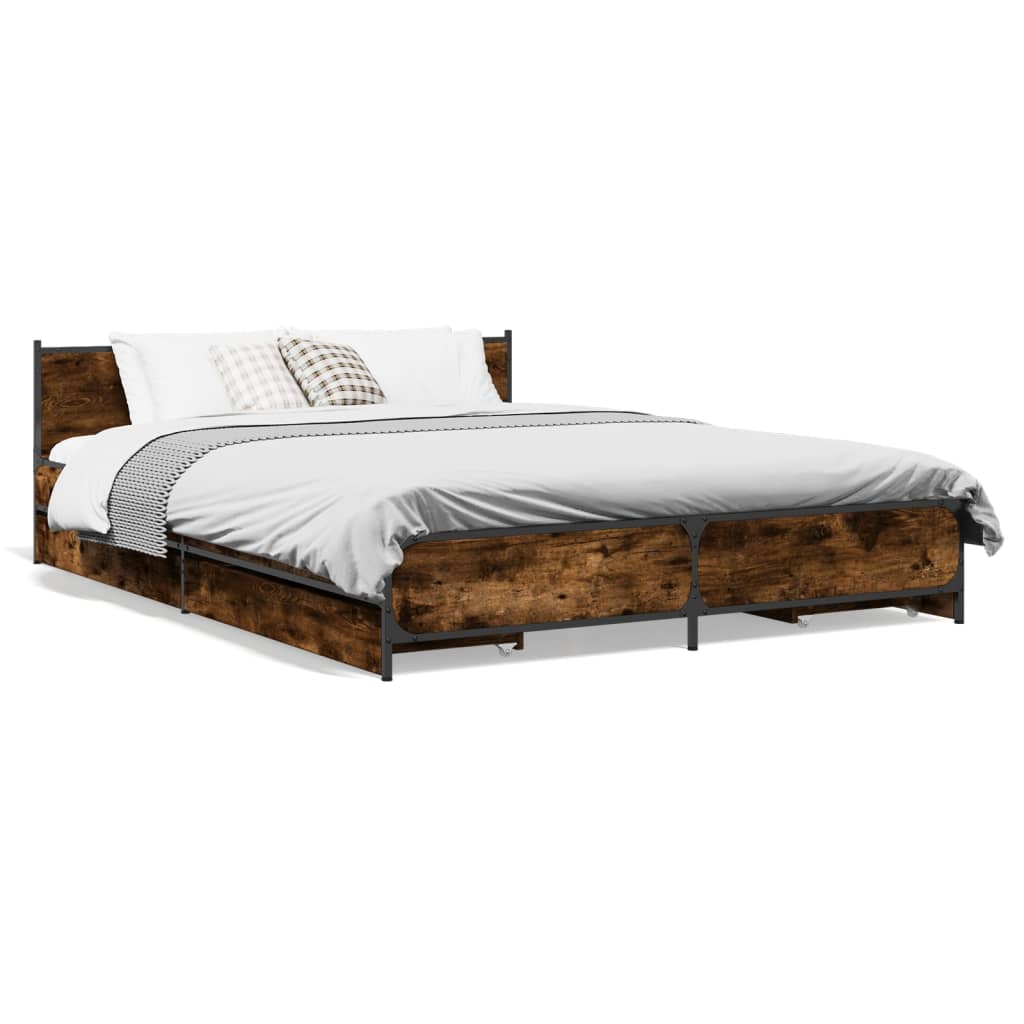 Bedframe met lades bewerkt hout gerookt eikenkleurig 135x190 cm is nu te koop bij PeponiXL, paradijselijk wonen!