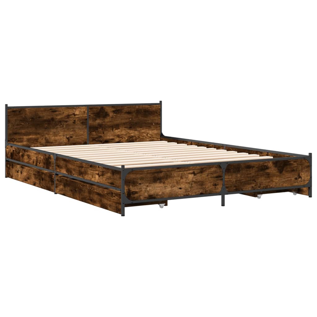 Bedframe met lades bewerkt hout gerookt eikenkleurig 135x190 cm is nu te koop bij PeponiXL, paradijselijk wonen!