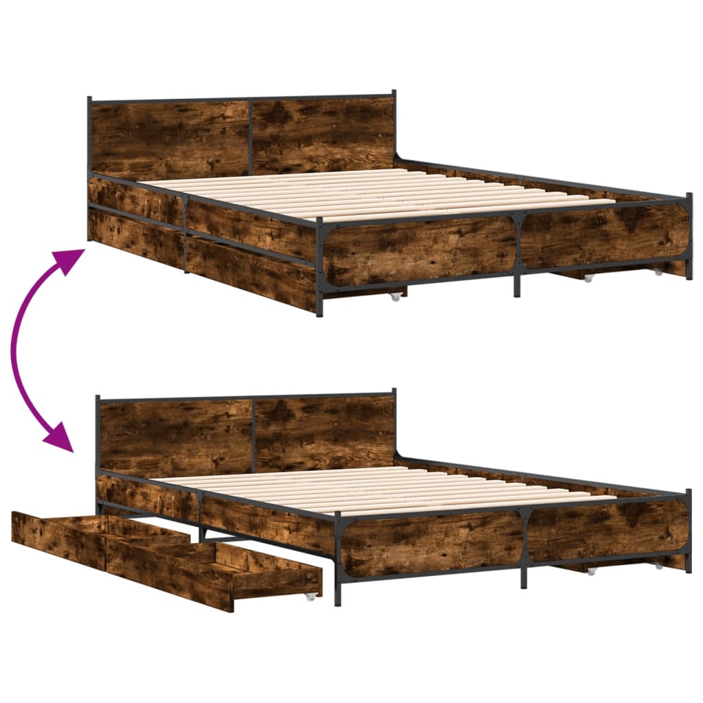 Bedframe met lades bewerkt hout gerookt eikenkleurig 135x190 cm is nu te koop bij PeponiXL, paradijselijk wonen!