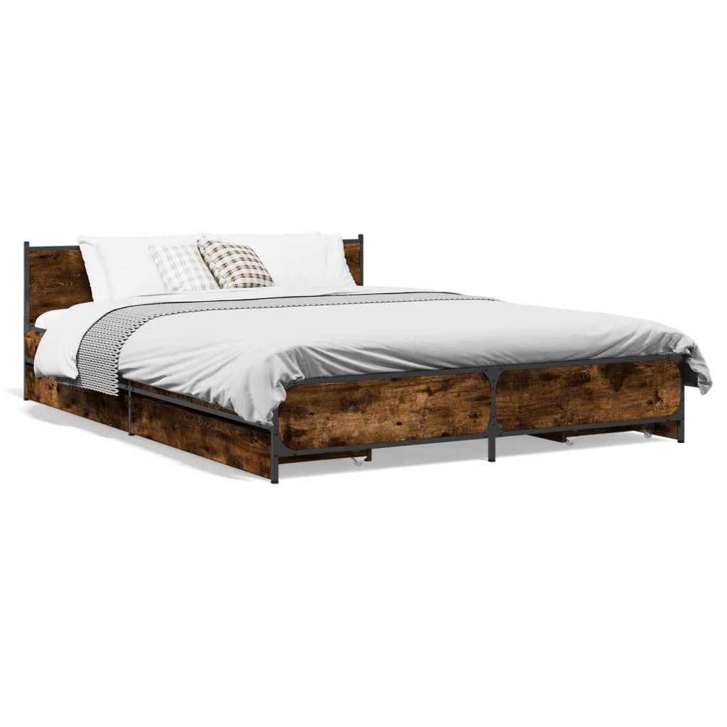 Bedframe met lades bewerkt hout gerookt eikenkleurig 135x190 cm is nu te koop bij PeponiXL, paradijselijk wonen!