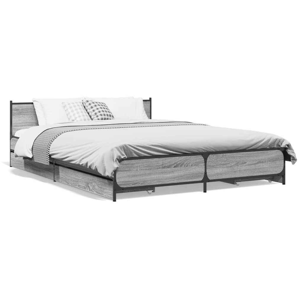 Bedframe met lades bewerkt hout grijs sonoma eiken 135x190 cm is nu te koop bij PeponiXL, paradijselijk wonen!