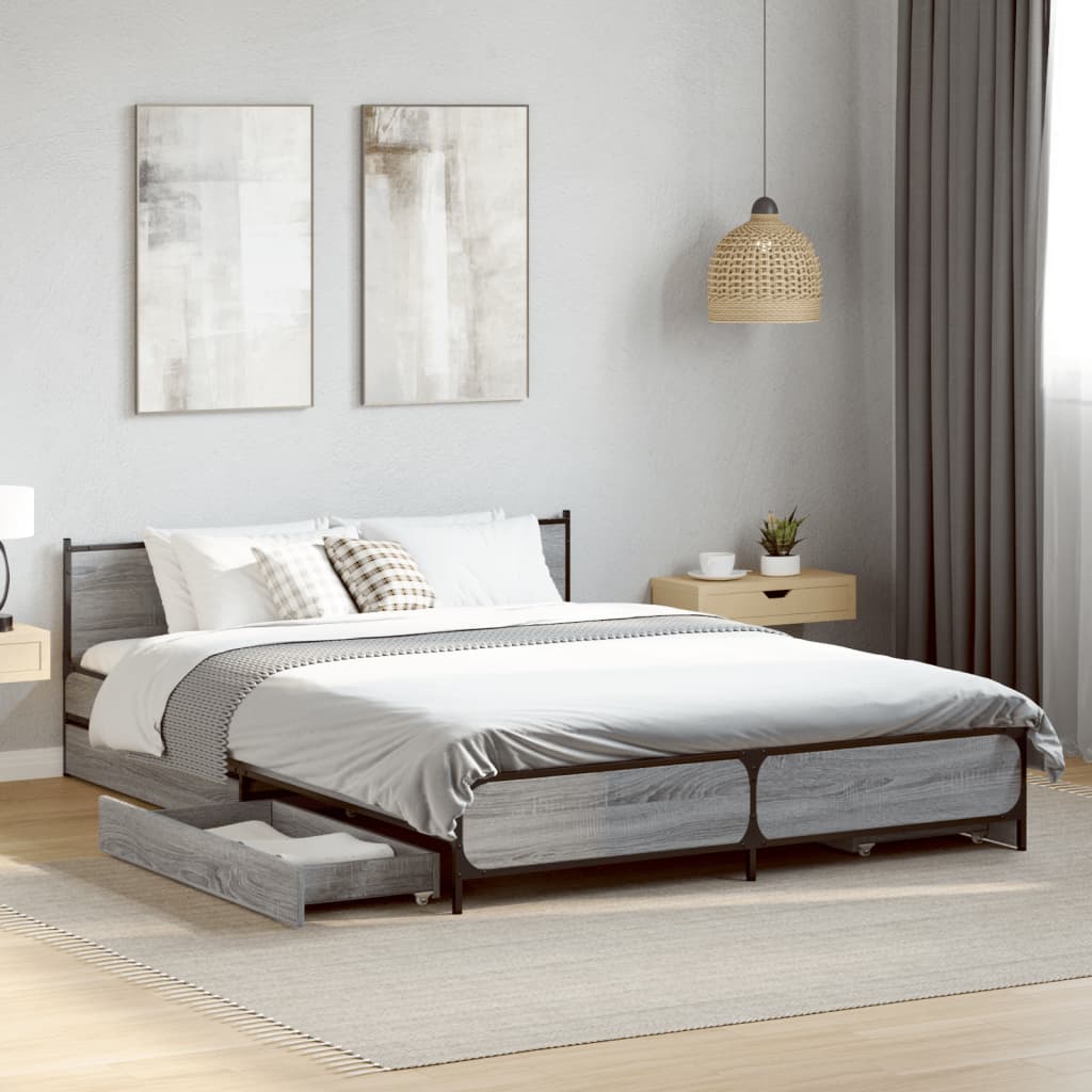 Bedframe met lades bewerkt hout grijs sonoma eiken 135x190 cm is nu te koop bij PeponiXL, paradijselijk wonen!