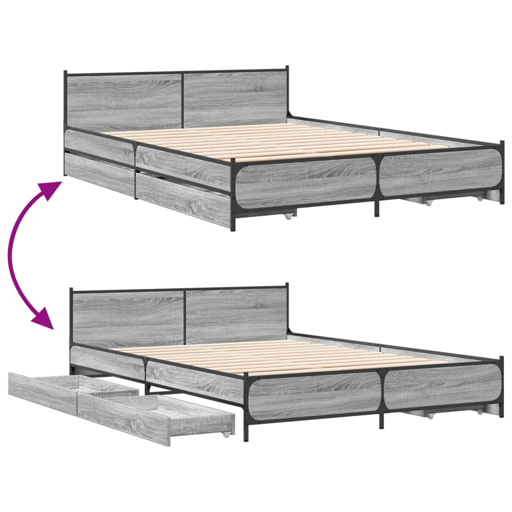 Bedframe met lades bewerkt hout grijs sonoma eiken 135x190 cm is nu te koop bij PeponiXL, paradijselijk wonen!