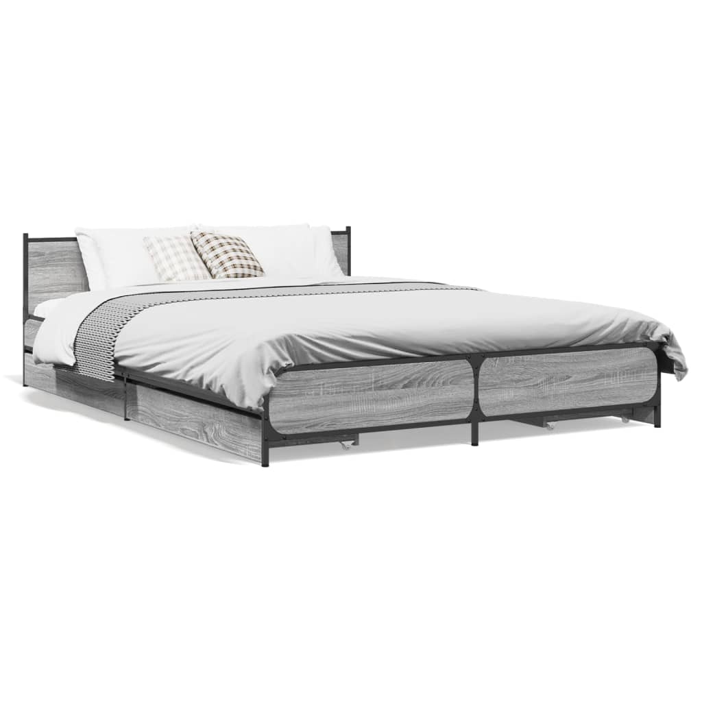 Bedframe met lades bewerkt hout grijs sonoma eiken 135x190 cm is nu te koop bij PeponiXL, paradijselijk wonen!