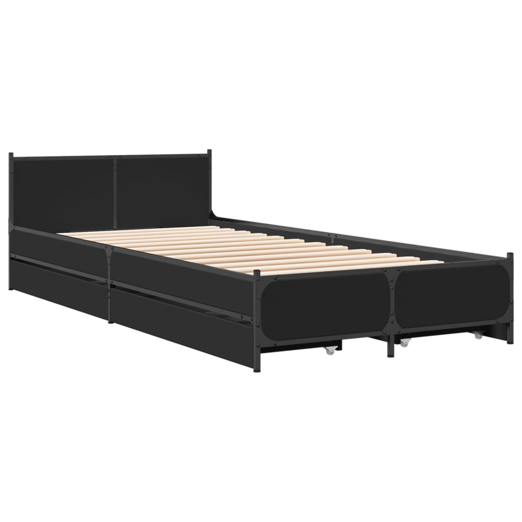 Bedframe met lades bewerkt hout zwart 90x200 cm is nu te koop bij PeponiXL, paradijselijk wonen!