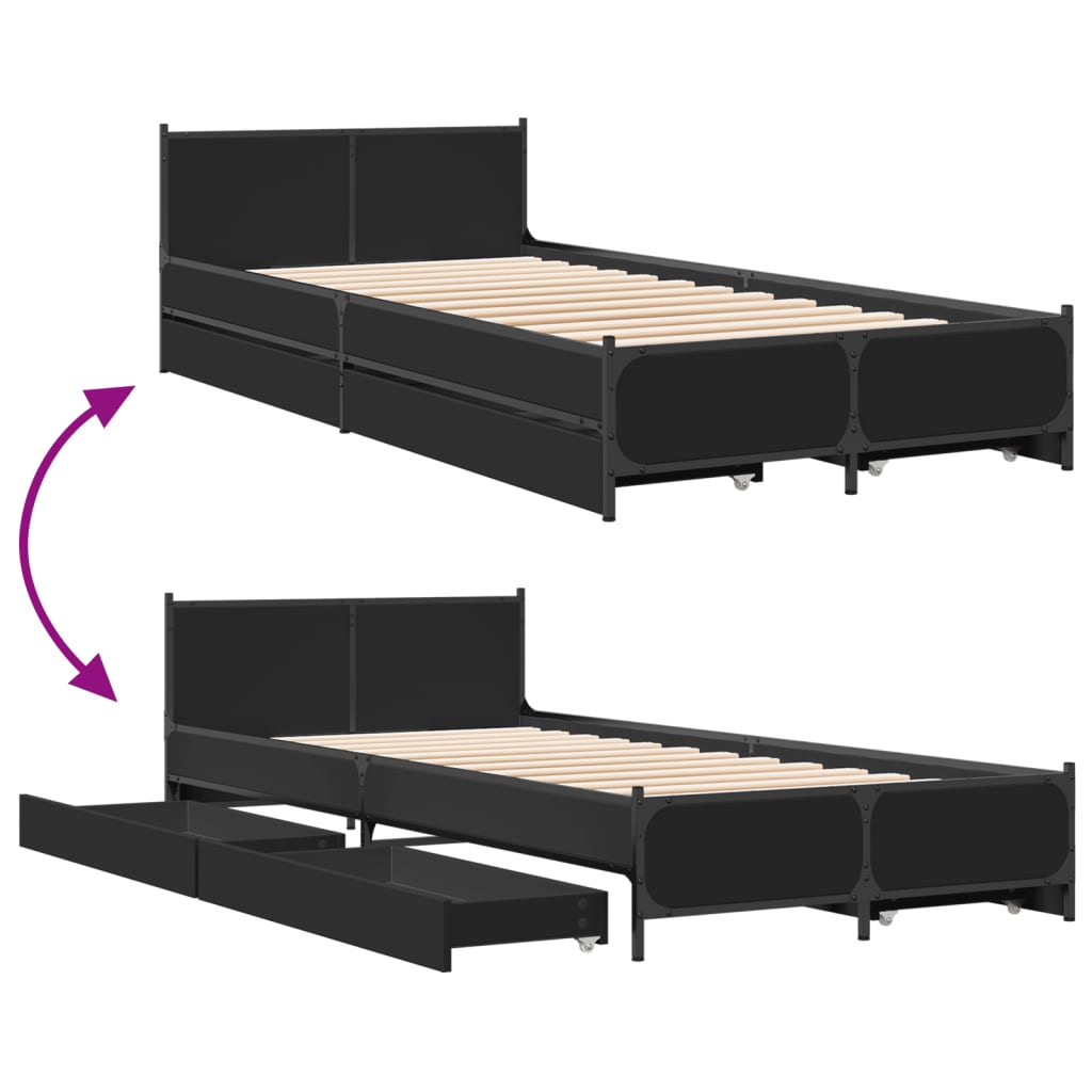 Bedframe met lades bewerkt hout zwart 90x200 cm is nu te koop bij PeponiXL, paradijselijk wonen!