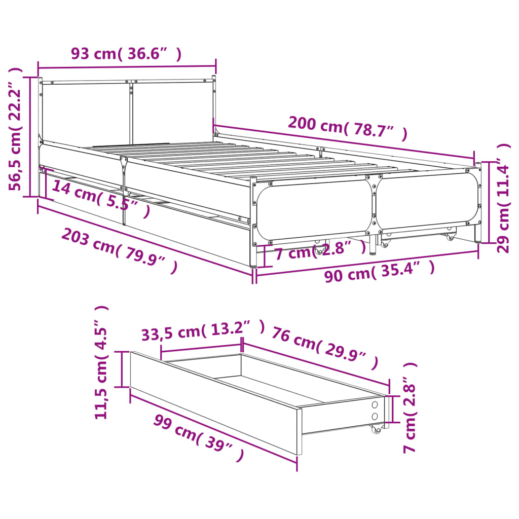 Bedframe met lades bewerkt hout zwart 90x200 cm is nu te koop bij PeponiXL, paradijselijk wonen!
