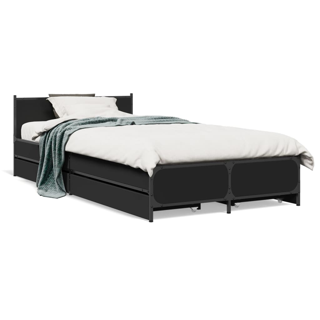 Bedframe met lades bewerkt hout zwart 75x190 cm is nu te koop bij PeponiXL, paradijselijk wonen!
