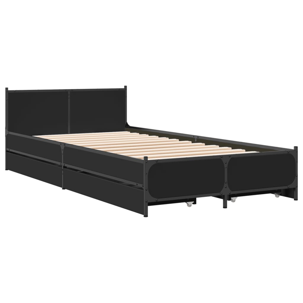 Bedframe met lades bewerkt hout zwart 75x190 cm is nu te koop bij PeponiXL, paradijselijk wonen!