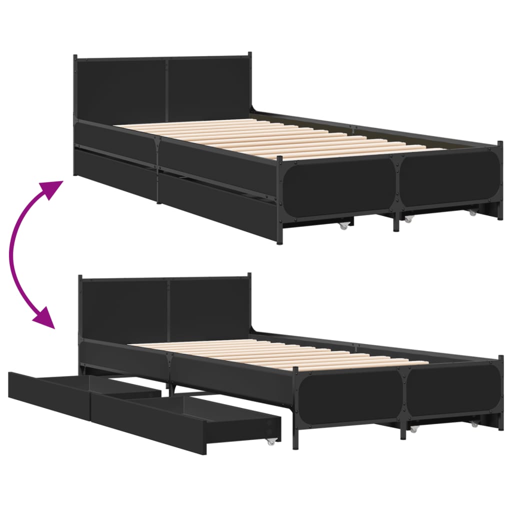 Bedframe met lades bewerkt hout zwart 75x190 cm is nu te koop bij PeponiXL, paradijselijk wonen!