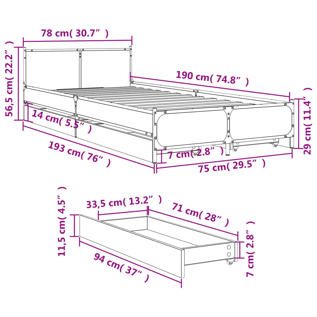 Bedframe met lades bewerkt hout zwart 75x190 cm is nu te koop bij PeponiXL, paradijselijk wonen!