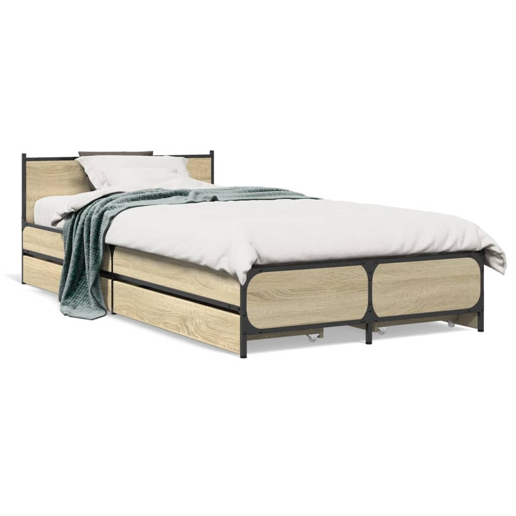 Bedframe met lades bewerkt hout sonoma eikenkleurig 75x190 cm is nu te koop bij PeponiXL, paradijselijk wonen!