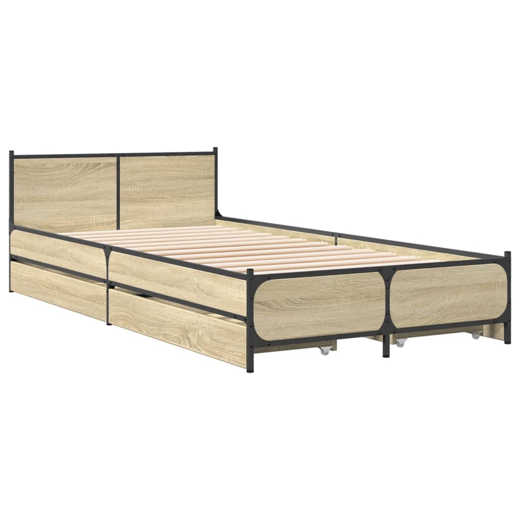 Bedframe met lades bewerkt hout sonoma eikenkleurig 75x190 cm is nu te koop bij PeponiXL, paradijselijk wonen!